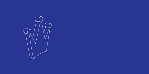 Poster - The outline of a large crown symbol made of white lines on the left. 3D view of the object in perspective. Vector illustration on indigo background