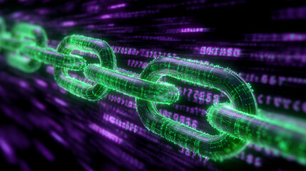 Poster - Glowing green chain link against purple digital code background, symbolizing cybersecurity, connection, or blockchain technology