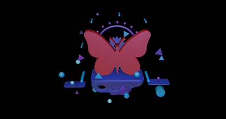 Poster - Red butterfly symbol on a pedestal of abstract geometric shapes floating in the air. Abstract concept art with flying shapes in the center. 3d illustration on black background
