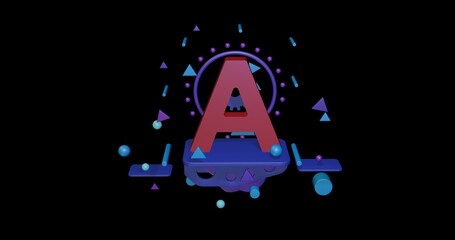 Poster - Red capital letter A symbol on a pedestal of abstract geometric shapes floating in the air. Abstract concept art with flying shapes in the center. 3d illustration on black background