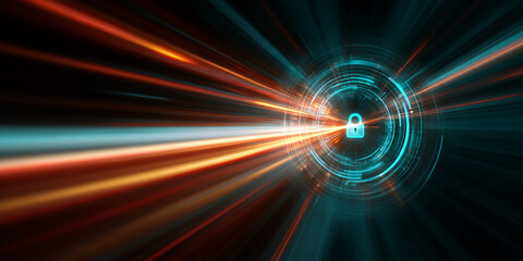 Fototapete - Abstract image of light streaks converging on a central cyan padlock icon, suggesting speed, security, and data protection