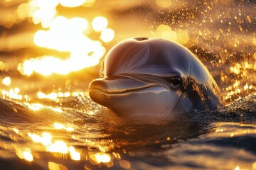 Poster - Dolphin swims joyfully in shimmering water at sunset, creating splashes and ripples under golden light near the shoreline during evening hours