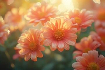 Fototapete - Beautiful blossoms of pink daisies glistening in the warm sunlight during a bright spring morning in a vibrant garden setting