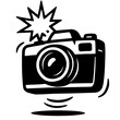 © Mr. Designer - Monochrome vector illustration of a cartoon camera flash burst, ideal for themes of photography, media, or dynamic effects.
