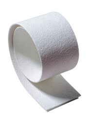 Poster - White textured fabric strip coiled gracefully, showing depth and flexibility against a clean background, illustrating its potential for craft projects and design applications.