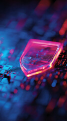 Fototapete - Abstract image of a glowing shield-shaped object on a circuit board, illuminated with pink and blue light, suggesting digital security or protection