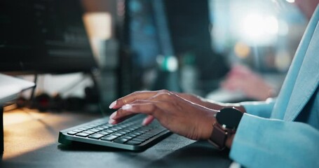 Poster - Hands, business and woman with keyboard, internet and feedback with budget report. Closeup, person and accounting with financial advisor, connection or investment with stock market, email or schedule