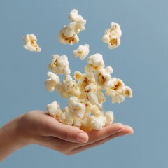 Poster - Hand holding popcorn in mid-air against blue background. Movie snack concept, fun, tasty.  Popcorn floating, perfect for home entertainment