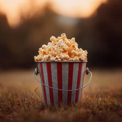 Poster - A delightful bucket of popcorn is perched on the grassy ground against a blurred background, inviting a cozy and enjoyable snack time.