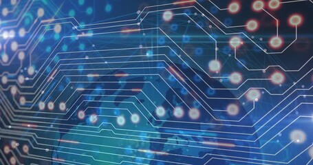 Poster - Flat design showing white circuitry lines flowing across blue world map, pulsing glowing nodes