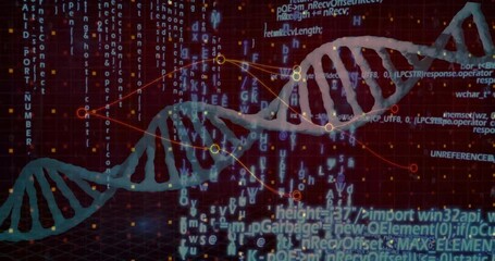Poster - dna double helix weaving through virtual red grid, glowing data points linking curved nodes