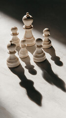 Poster - white chess pieces cast dramatic shadows on a light surface, showcasing leadership, strategy, and te