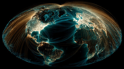 Fototapete - Global network visualization, illuminated Earth with glowing lines depicting connections, symbolizing global communication, trade, and interconnectedness