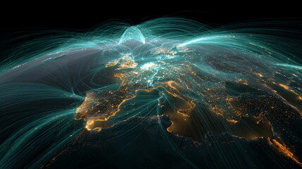 Poster - night view of europe, illuminated cities, teal glowing lines representing connections, symbolizes gl