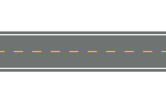 Empty straight road with marking. Carriageway element of city map.  Horizontal highway overhead view.  Highway template drawing on white background.