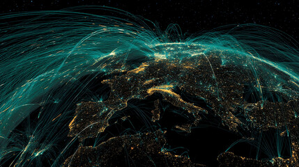 Poster - abstract image of earth at night, showcasing city lights and teal glowing lines representing global 