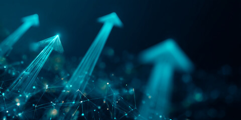 Fototapete - Abstract image of glowing blue arrows rising on a dark background, symbolizing growth, progress, and upward trend in business or technology