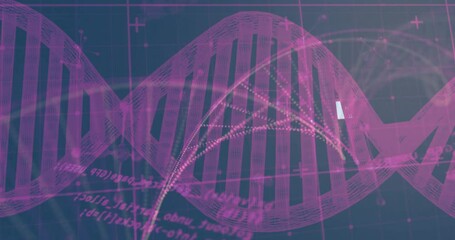 Poster - Animated illustration showing stylized DNA helix center, wireframe bars, dotted arcs, code overlays