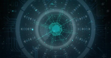 Poster - Hexagonal turquoise network pulsating in dark interface, with rotating rings arrows floating dots