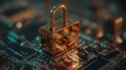 Poster - golden padlock on circuit board, showcasing digital security concept, symbolizing data protection an