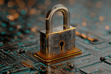 Poster - metallic padlock on circuit board, showcasing digital security concept. symbol of data protection an