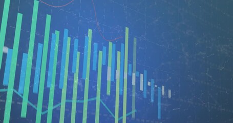 Poster - Flat design vertical bars showing financial data rising over dark grid while red line tracing trend