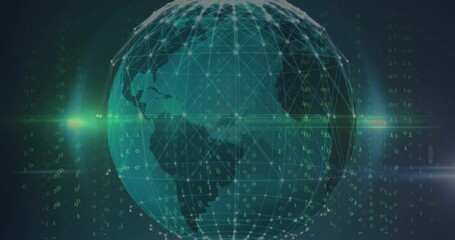 Poster - 3D globe displaying mesh network lines and glowing nodes, streaming green binary across lens flare