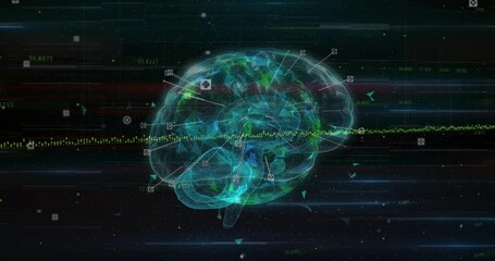 Poster - Holographic brain model being displayed in dark digital space, showing data icons moving along mesh