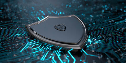 Fototapete - Metallic shield on glowing circuit board, symbolizing digital security and protection, ideal for technology or cybersecurity concepts