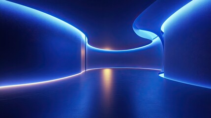 Poster - Illuminated futuristic corridor with blue neon lights and smooth reflective surfaces design view
