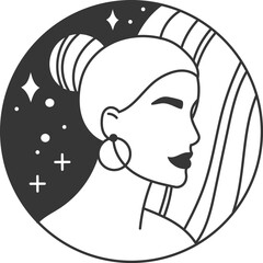 Poster - Minimal black and white vector illustration of a stylish woman wearing large hoop earrings, with stars and stripes in the background, ideal for beauty and fashion related themes