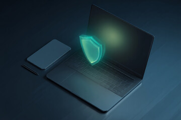 Poster - laptop, tablet, and pen on dark background, illuminated glowing shield symbolizing digital security 