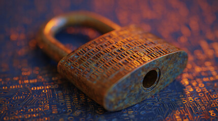 Fototapete - Close-up of rusty padlock on circuit board, showcasing digital security concept.  Symbol of data protection and online safety