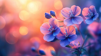 Poster - Close up of purple and pink flowers with a blurred orange and yellow background bokeh effect scene