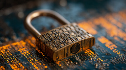 Poster - close-up of brass padlock on circuit board, showcasing digital security concept, symbolizing data pr