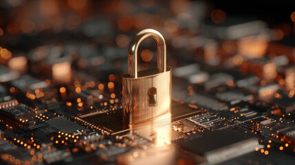Poster - gold padlock on circuit board, showcasing digital security, protection, and data privacy concepts