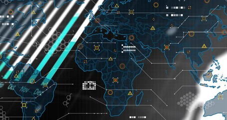 Poster - Digital world map projecting neon outlines while data markers shifting with glowing connectors