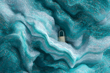 Fototapete - Abstract teal fabric textured background with binary code, showcasing a padlock symbolizing data security and digital protection