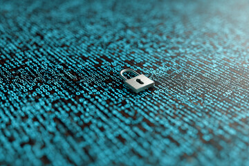 Fototapete - Silver padlock on cyan digital code background, symbolizing data security, online protection, and digital privacy
