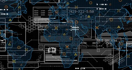 Poster - Animating futuristic global map interface on grid, highlighting panels linking icons to coordinates