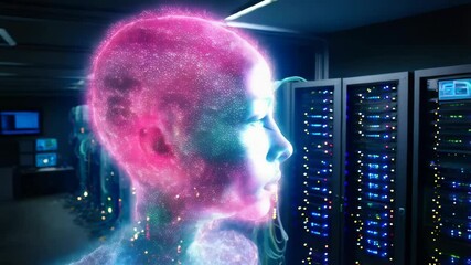 Poster - Futuristic digital human profile in a server room environment  