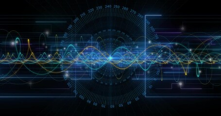 Fototapete - Overlapping waveforms animating on flat HUD interface, showing concentric grid and glowing nodes