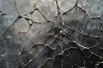 Abstract dark art featuring a cracked surface with a web-like pattern and metallic accents.
