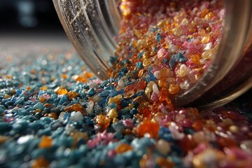 Poster - Glass Jar Spilling Multicolored Decorative Stones onto a Surface in a Close-Up View
