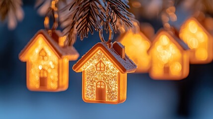 Poster - Illuminated house shaped christmas ornaments hanging from snow covered branch