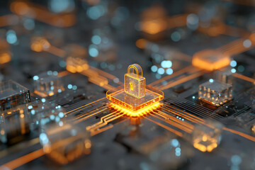 Fototapete - Glass padlock on glowing circuit board, showcasing digital security concept.  Represents data protection and online safety