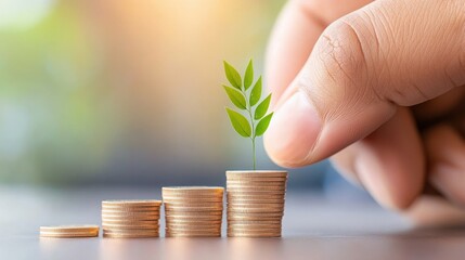Aufkleber - Hand tending to coins stacked with a small plant growing