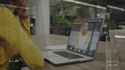 Poster - female colleagues holding remote technology meeting at office desk, showing floating code overlay