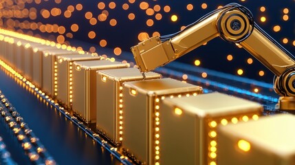 Poster - Robotic arm assembling golden boxes on a futuristic conveyor belt