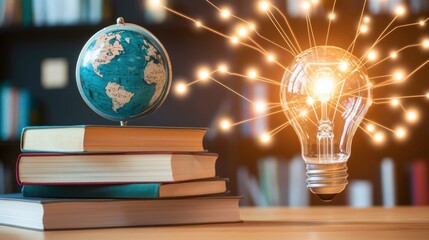 Aufkleber - Globe and books rest near a lit up lightbulb